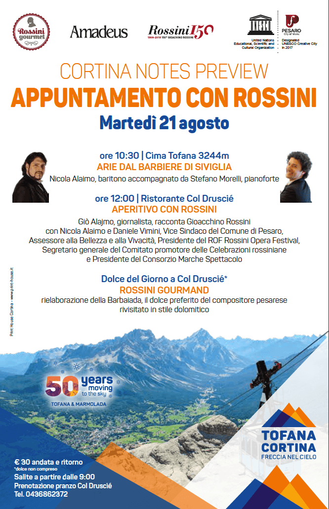 20 e 21 agosto, “Rossini 150” a Cortina: dialogo in vetta tra musica e sapori
